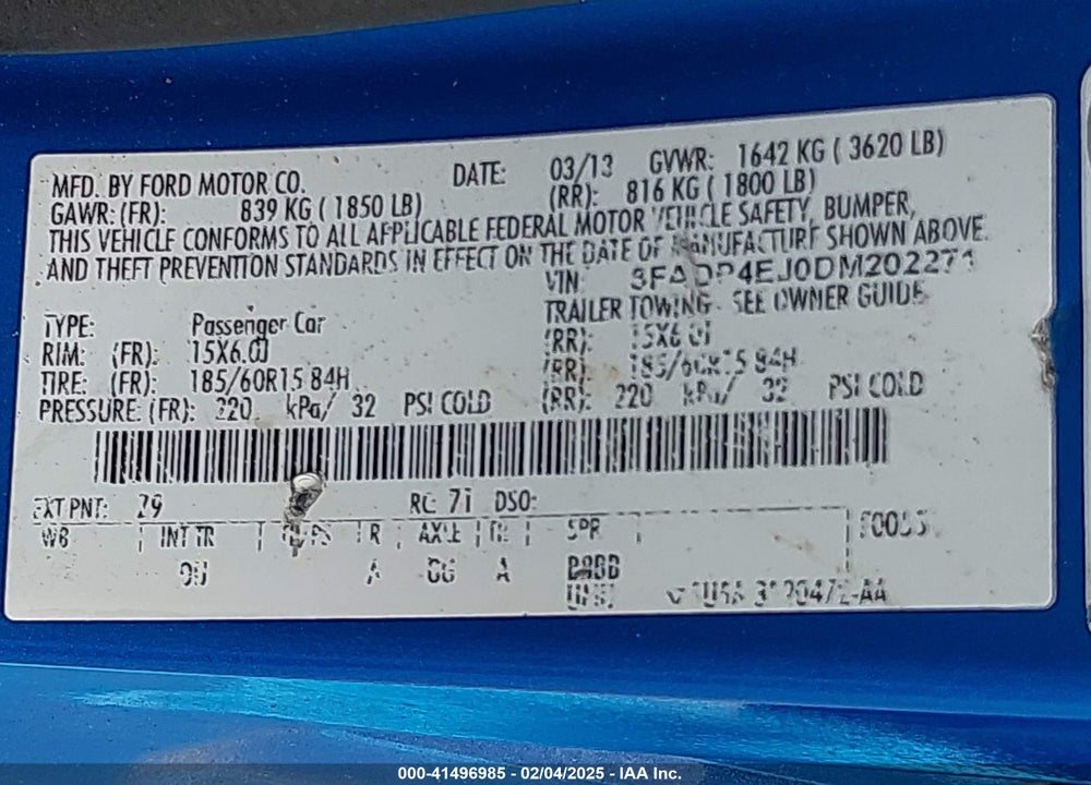 2013 FORD FIESTA SE VIN: 3FADP4EJ0DM202271