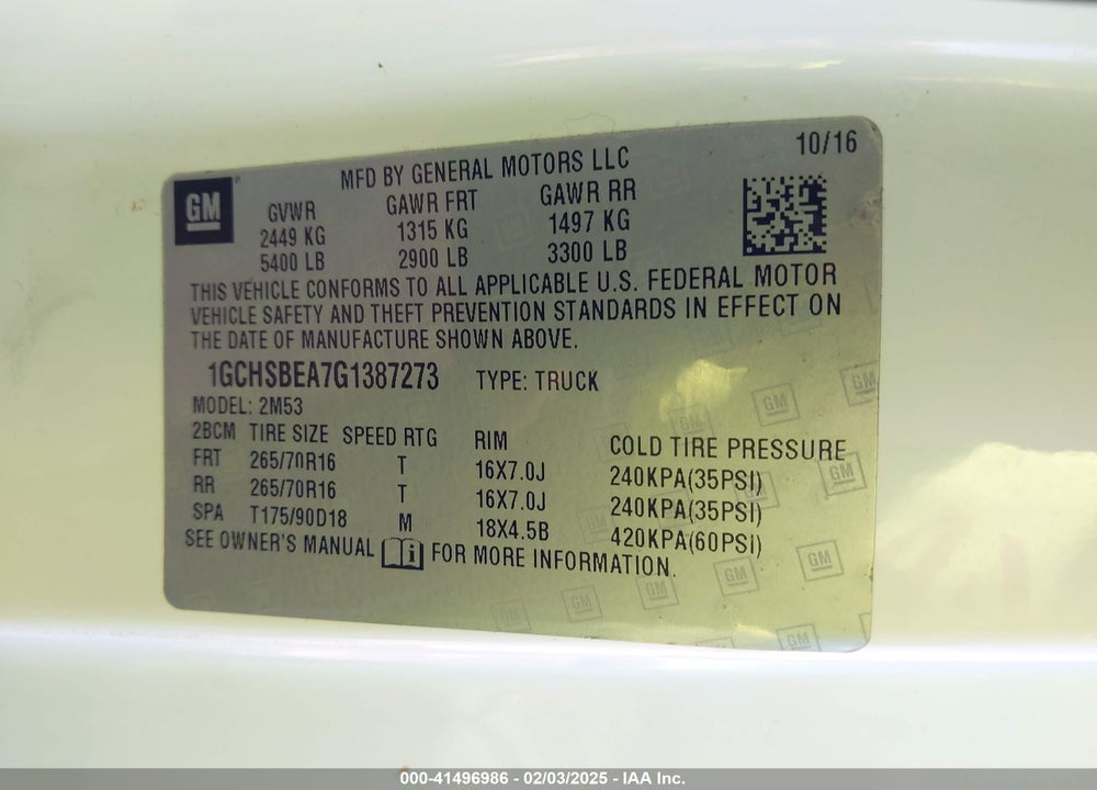 2016 CHEVROLET COLORADO WT VIN: 1GCHSBEA7G1387273
