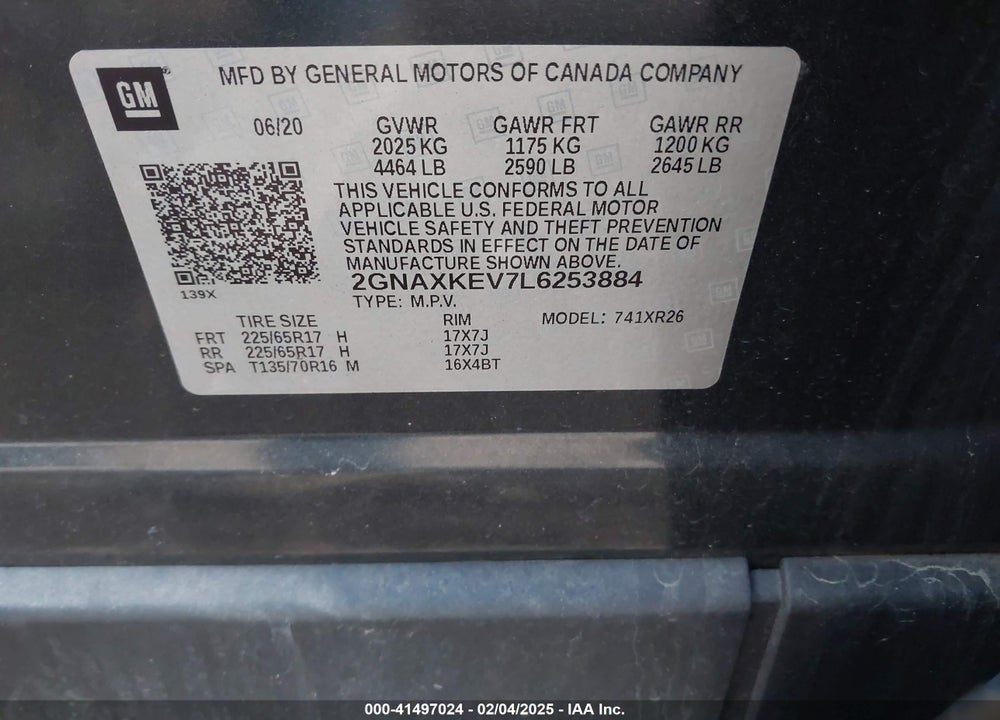 2020 CHEVROLET EQUINOX FWD LT 1.5L TURBO VIN: 2GNAXKEV7L6253884