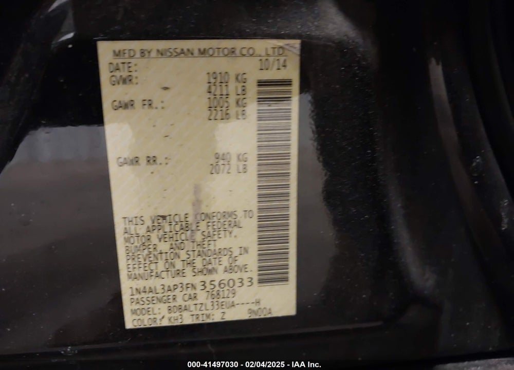 2015 NISSAN ALTIMA VIN: 1N4AL3AP3FN356033