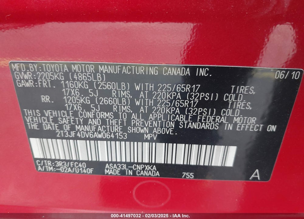 2010 TOYOTA RAV4 VIN: 2T3JF4DV6AW064153