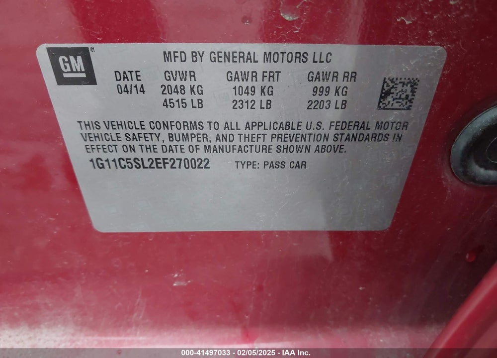 2014 CHEVROLET MALIBU VIN: 1G11C5SL2EF270022