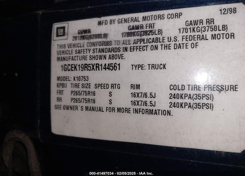 1999 CHEVROLET K1500 LS VIN: 1GCEK19R5XR144561