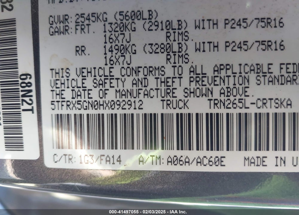 2017 TOYOTA TACOMA VIN: 5TFRX5GN0HX092912