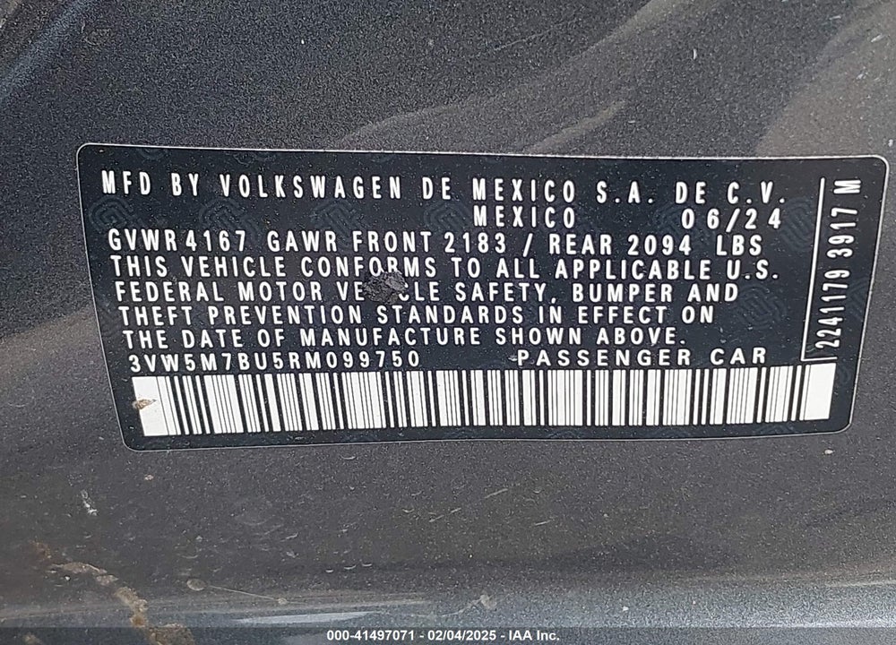 2024 VOLKSWAGEN JETTA VIN: 3VW5M7BU5RM099750