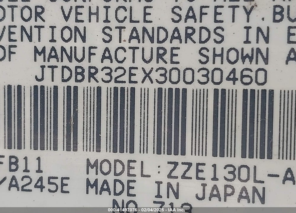 2003 TOYOTA COROLLA CE VIN: JTDBR32EX30030460