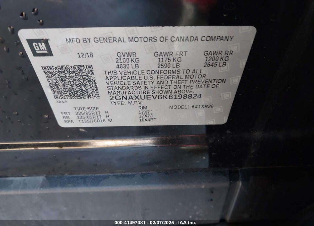 2019 CHEVROLET EQUINOX LT VIN: 2GNAXUEV6K6198824