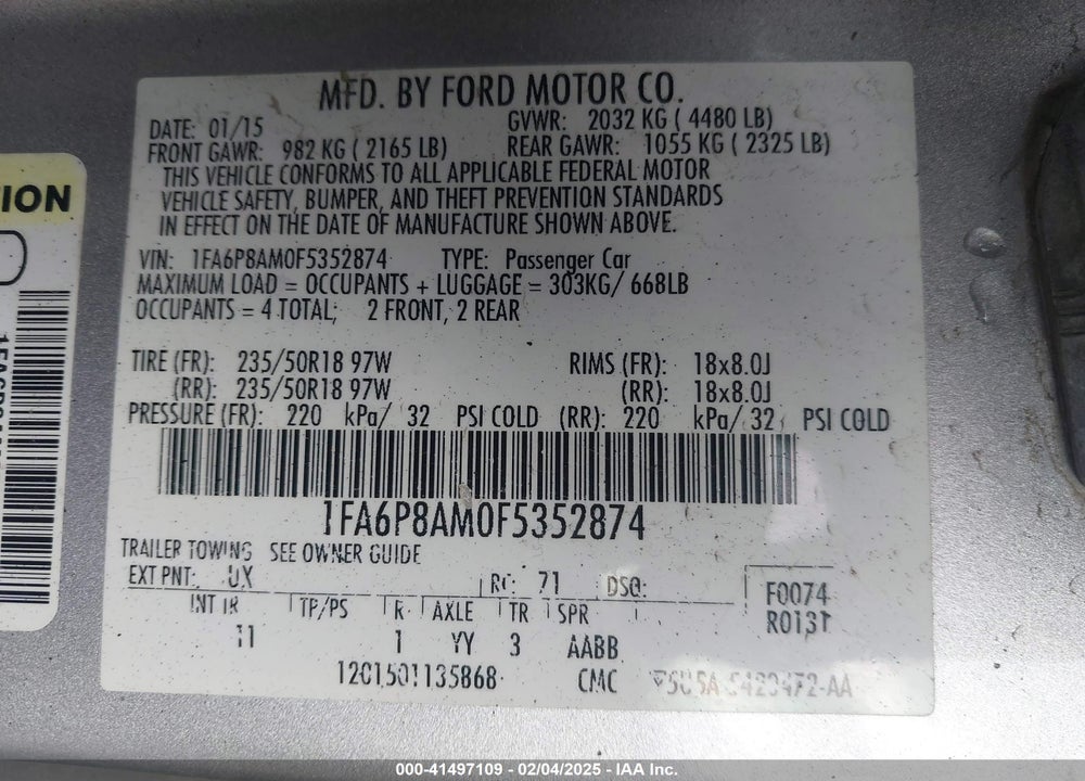 2015 FORD MUSTANG VIN: 1FA6P8AM0F5352874