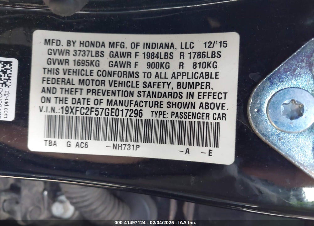2016 HONDA CIVIC VIN: 19XFC2F57GE017296