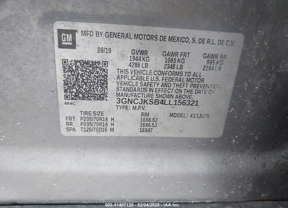 2020 CHEVROLET TRAX FWD LS VIN: 3GNCJKSB4LL156321