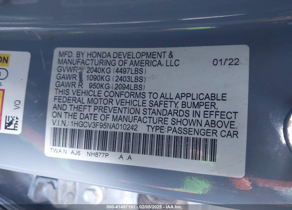 2022 HONDA ACCORD VIN: 1HGCV3F95NA010242