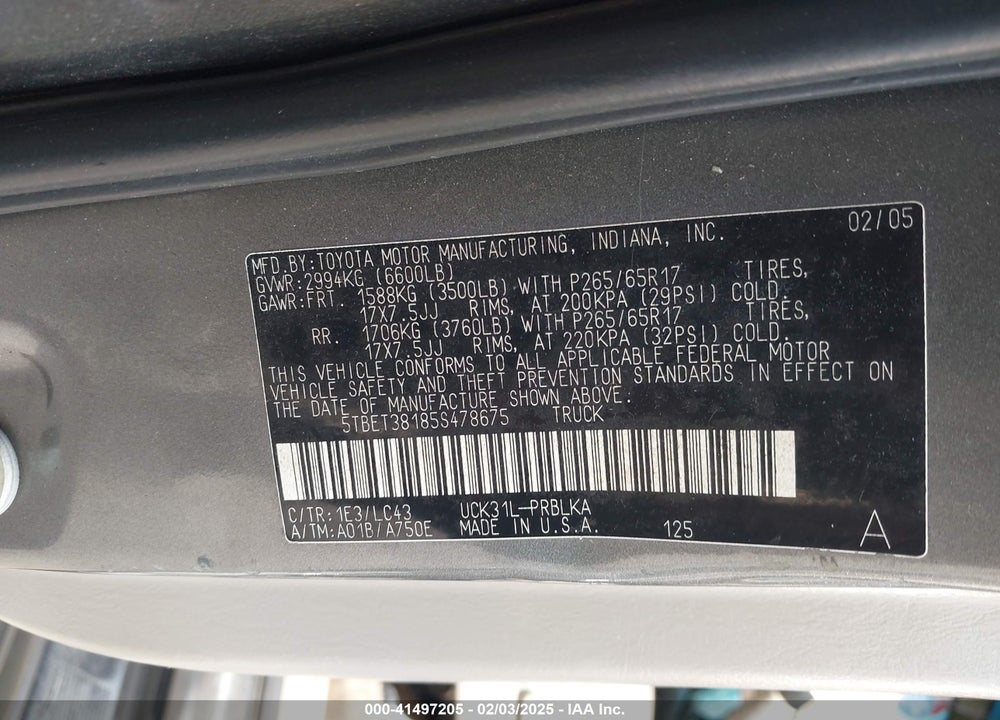 2005 TOYOTA TUNDRA LIMITED V8 VIN: 5TBET38185S478675