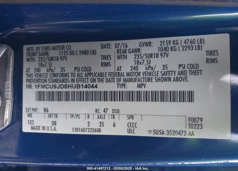 2017 FORD ESCAPE TITANIUM VIN: 1FMCU9JD8HUB14044