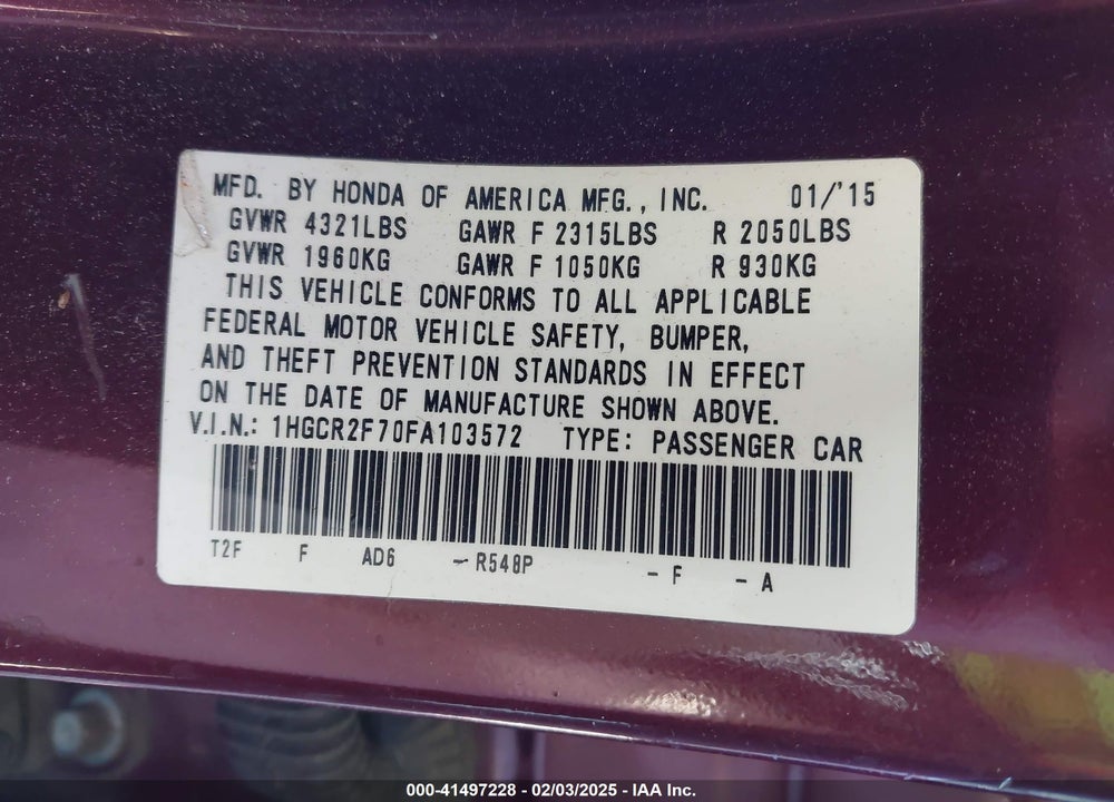 2015 HONDA ACCORD VIN: 1HGCR2F70FA103572