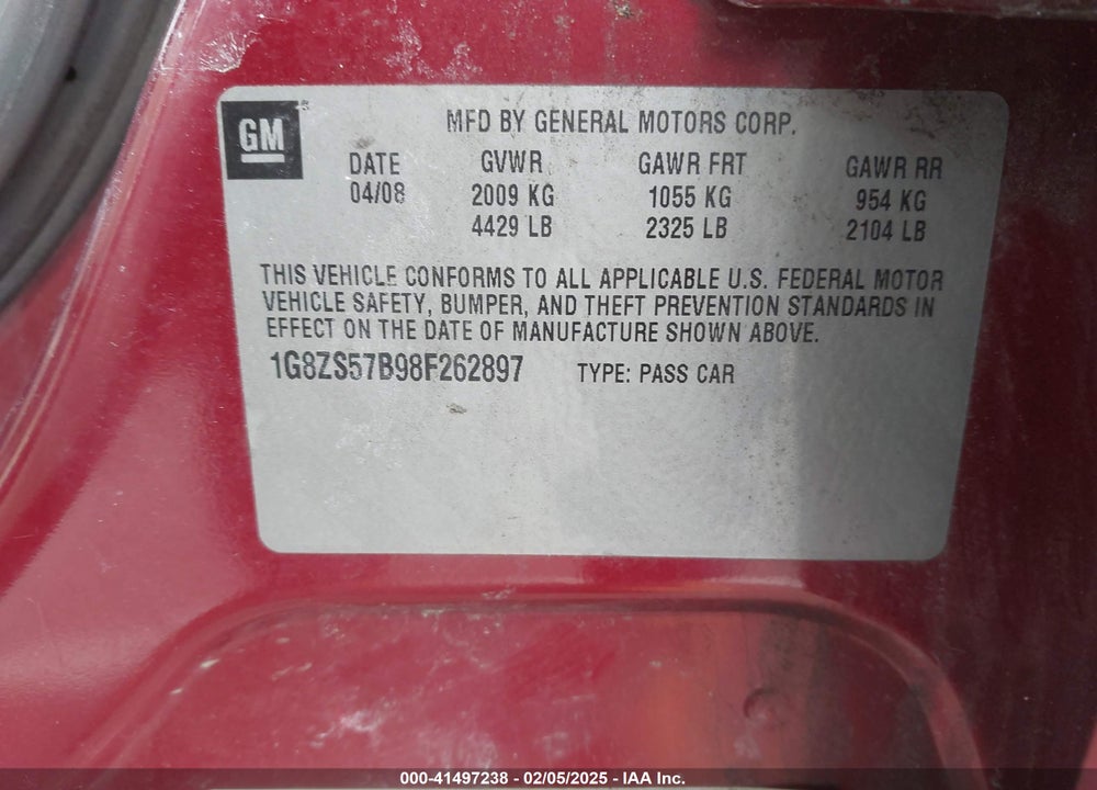 2008 SATURN AURA XE VIN: 1G8ZS57B98F262897