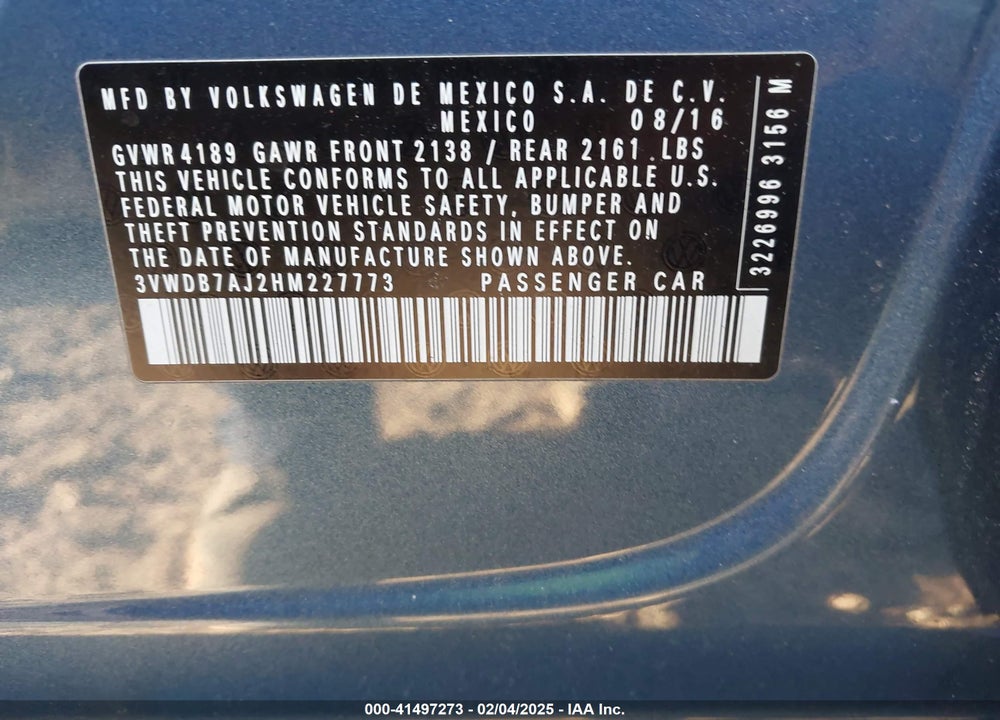 2017 VOLKSWAGEN JETTA VIN: 3VWDB7AJ2HM227773