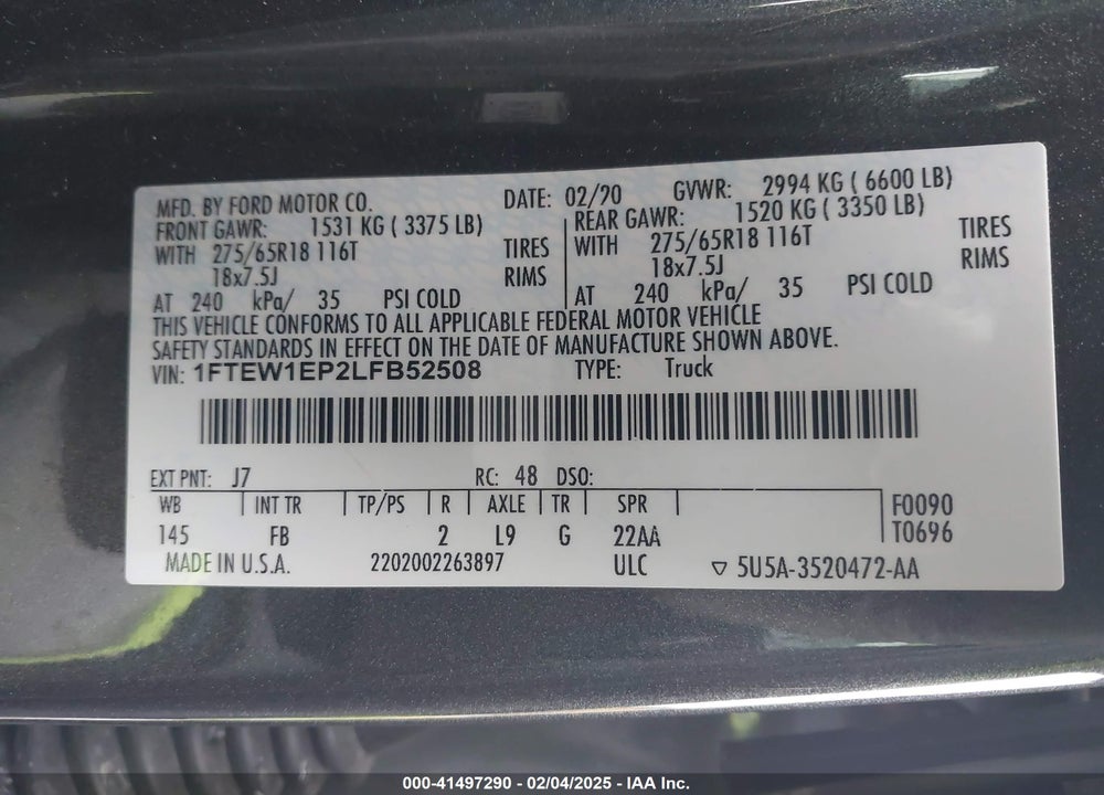 2020 FORD F150 VIN: 1FTEW1EP2LFB52508