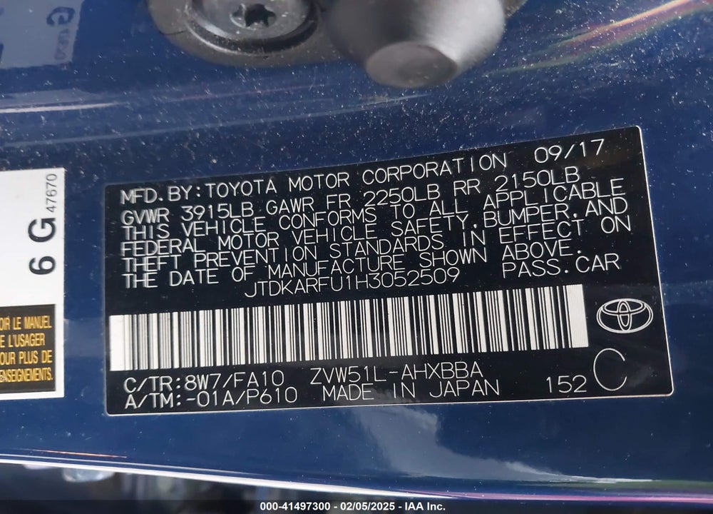 2017 TOYOTA PRIUS VIN: JTDKARFU1H3052509