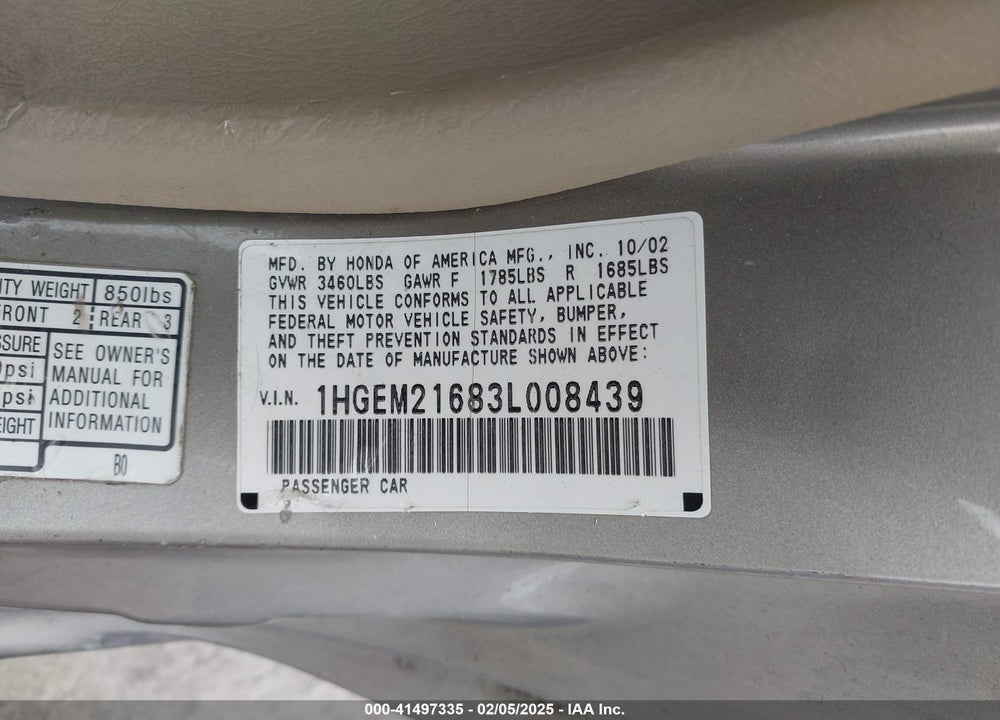 2003 HONDA CIVIC LX VIN: 1HGEM21683L008439
