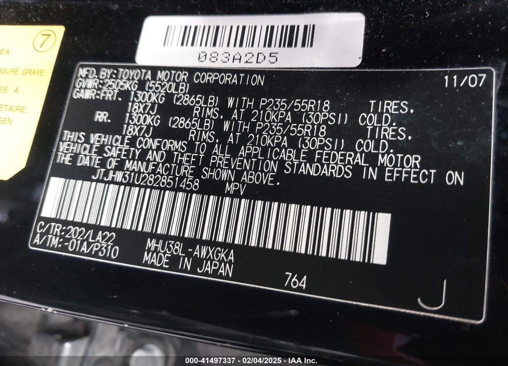 2008 LEXUS RX 400H VIN: JTJHW31U282851458