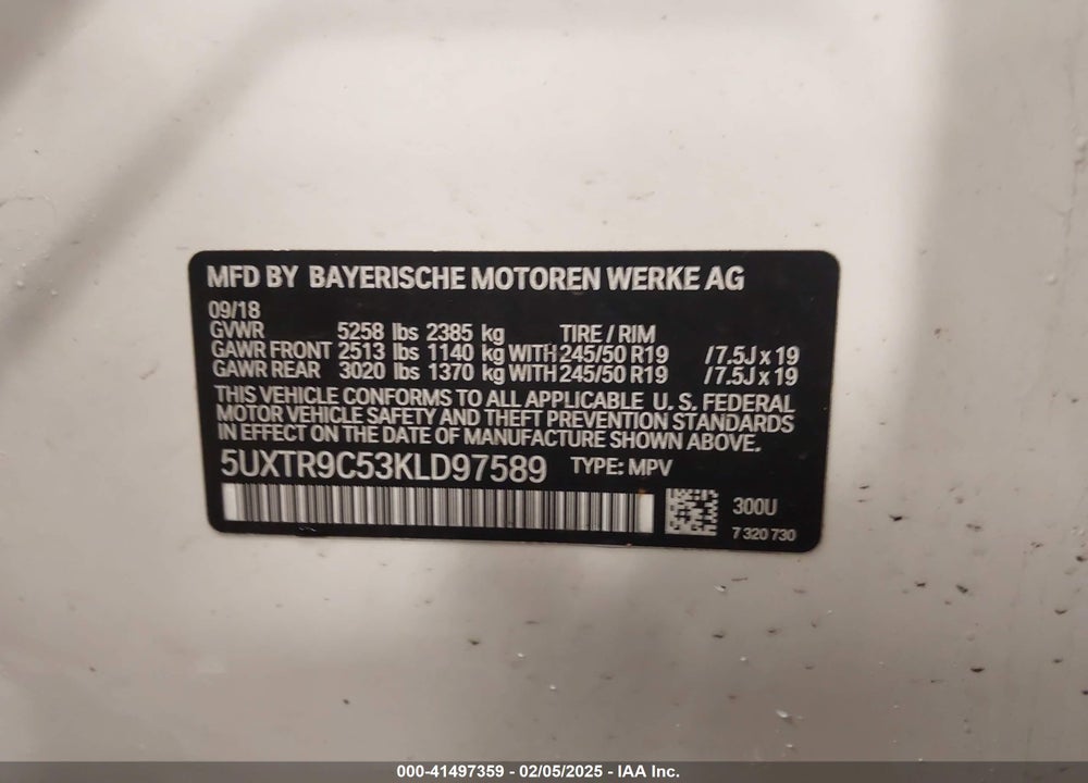 2019 BMW X3 XDRIVE30I VIN: 5UXTR9C53KLD97589