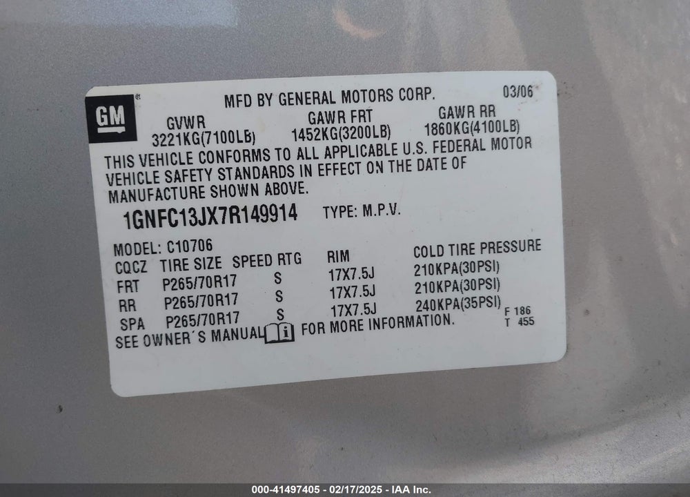2007 CHEVROLET TAHOE LS VIN: 1GNFC13JX7R149914