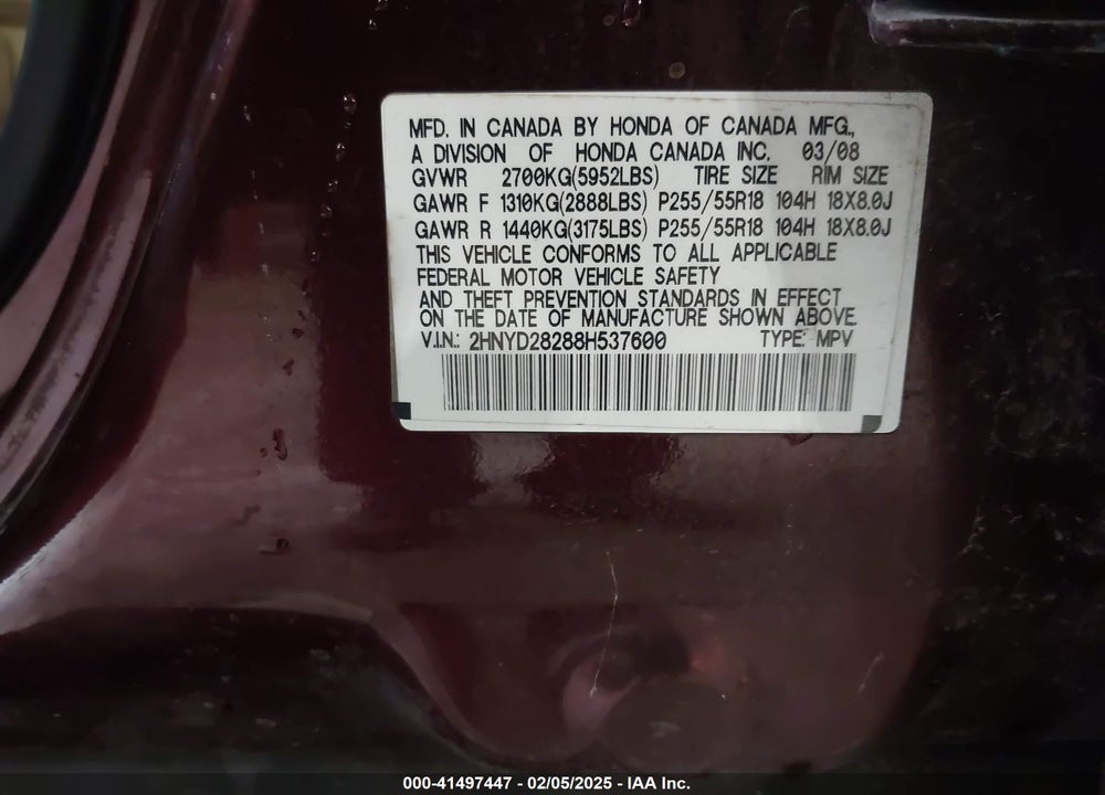 2008 ACURA MDX VIN: 2HNYD28288H537600