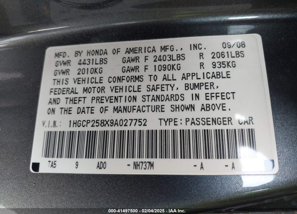 2009 HONDA ACCORD 2.4 EX-L VIN: 1HGCP258X9A027752