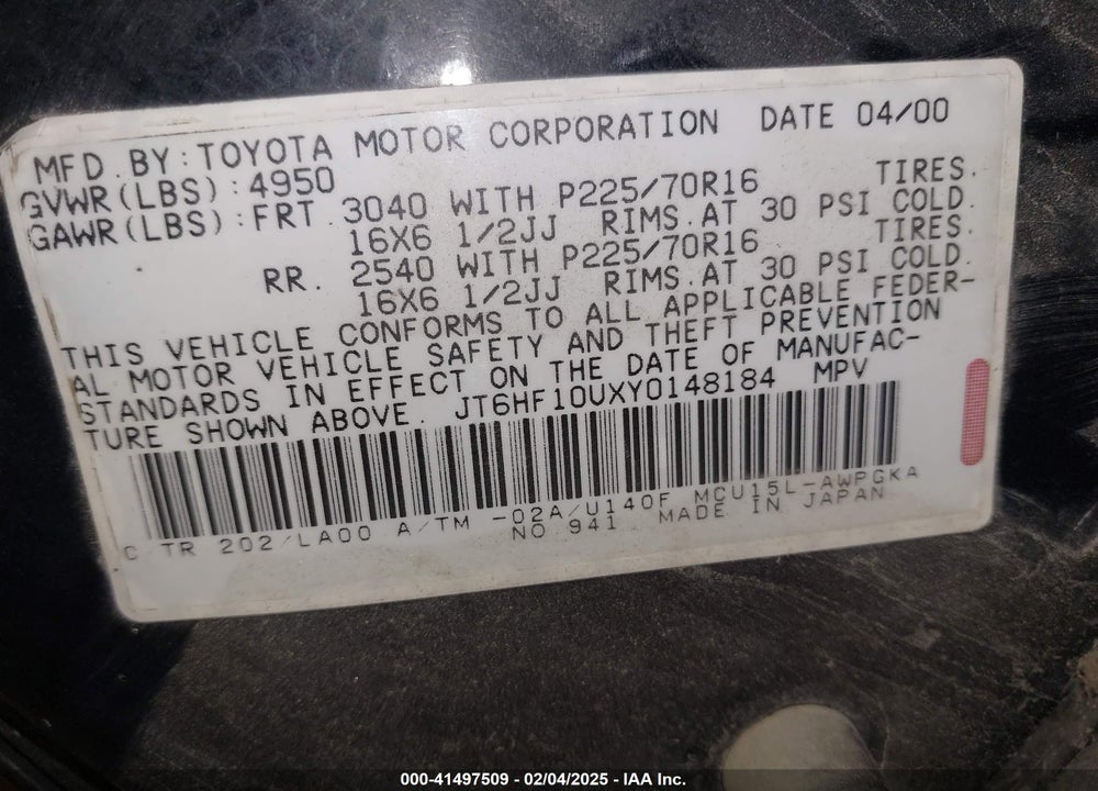 2000 LEXUS RX 300 VIN: JT6HF10UXY0148184
