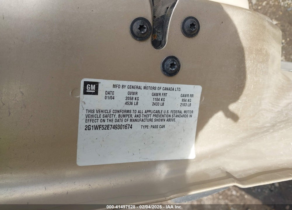 2004 CHEVROLET IMPALA VIN: 2G1WF52E749301674