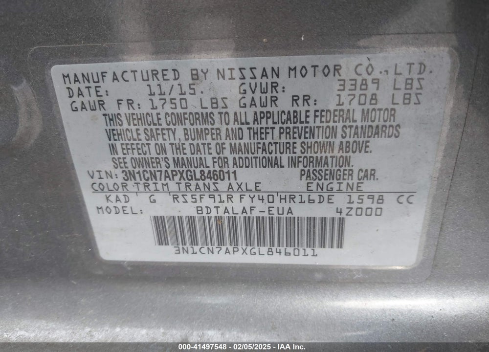2016 NISSAN VERSA VIN: 3N1CN7APXGL846011
