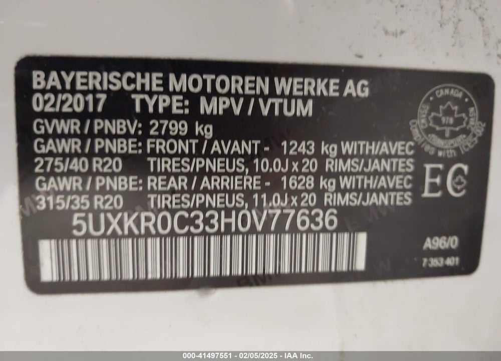 2017 BMW X5 XDRIVE35I VIN: 5UXKR0C33H0V77636