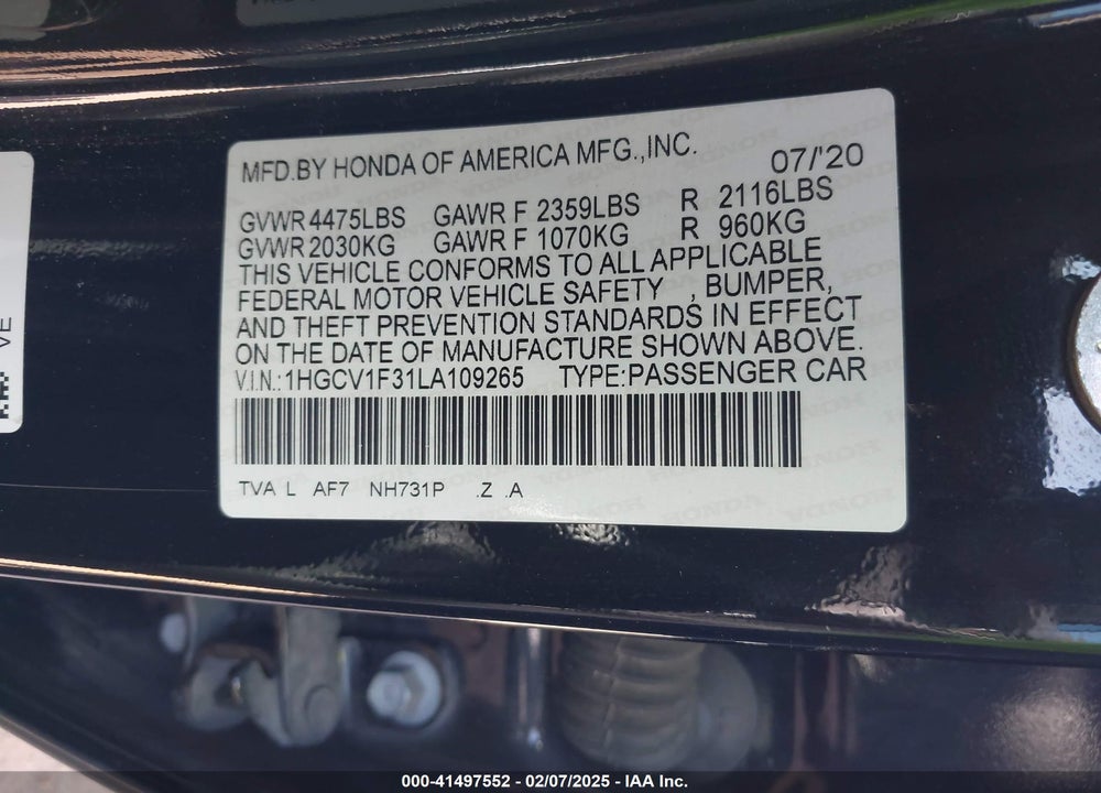 2020 HONDA ACCORD VIN: 1HGCV1F31LA109265