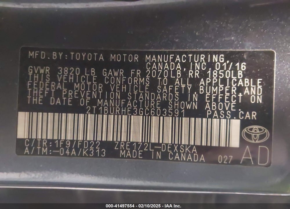 2016 TOYOTA COROLLA VIN: 2T1BURHE3GC603591