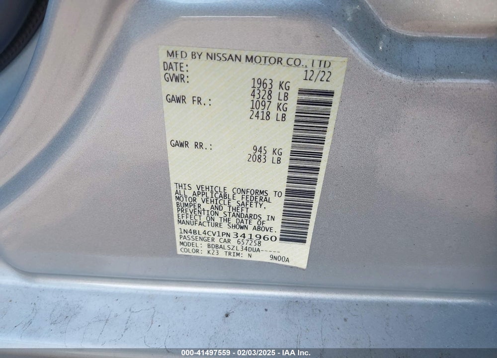 2023 NISSAN ALTIMA SR FWD VIN: 1N4BL4CV1PN341960