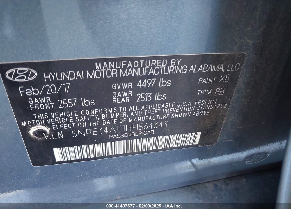 2017 HYUNDAI SONATA VIN: 5NPE34AF1HH564343