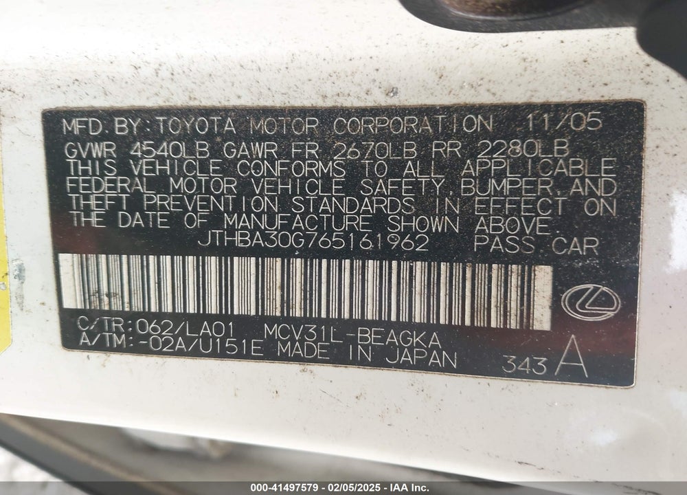 2006 LEXUS ES 330 VIN: JTHBA30G765161962