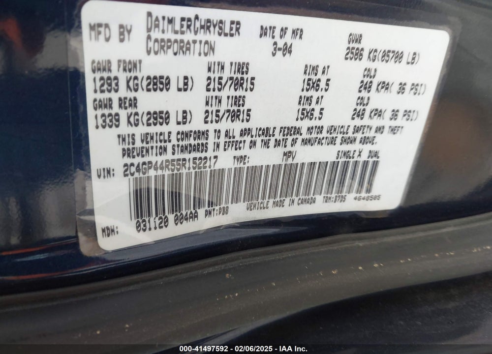 2005 CHRYSLER TOWN & COUNTRY LX VIN: 2C4GP44R55R152217