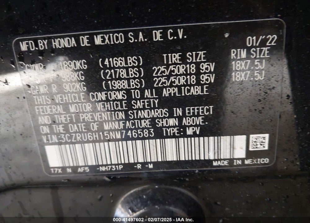 2022 HONDA HR-V AWD SPORT VIN: 3CZRU6H15NM746583