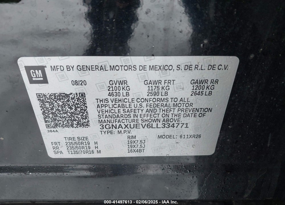 2020 CHEVROLET EQUINOX AWD LT 1.5L TURBO VIN: 3GNAXUEV6LL334771