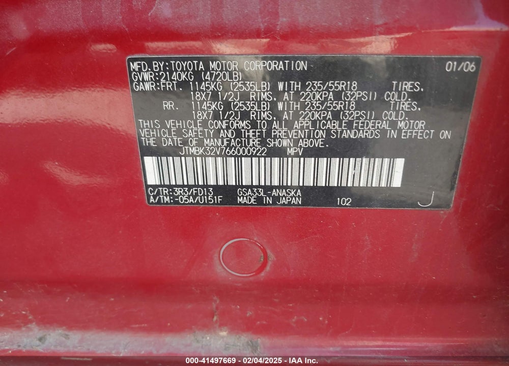 2006 TOYOTA RAV4 VIN: JTMBK32V766000922