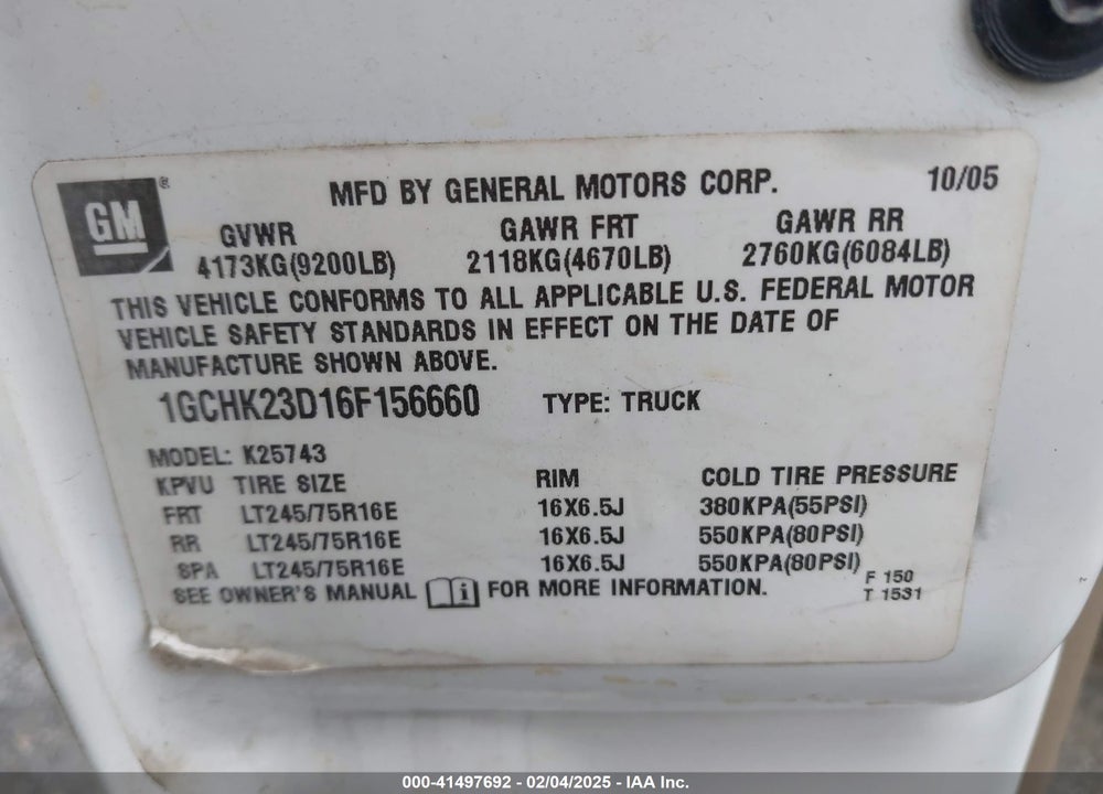 2006 CHEVROLET SILVERADO 2500HD LT3 VIN: 1GCHK23D16F156660