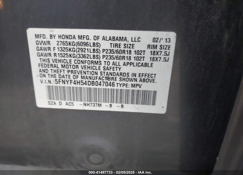 2013 HONDA PILOT EX-L VIN: 5FNYF4H54DB047046