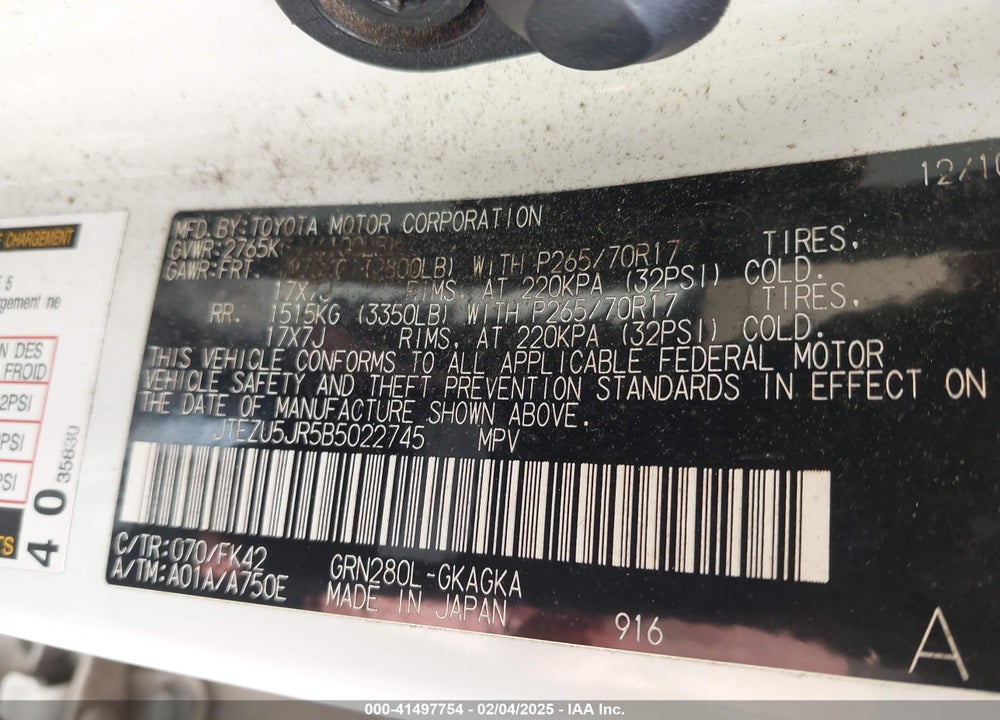 2011 TOYOTA 4RUNNER SR5 V6 VIN: JTEZU5JR5B5022745