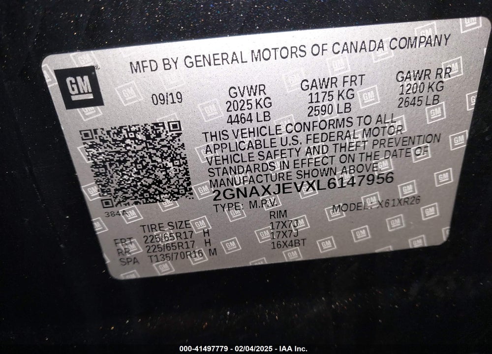 2020 CHEVROLET EQUINOX VIN: 2GNAXJEVXL6147956