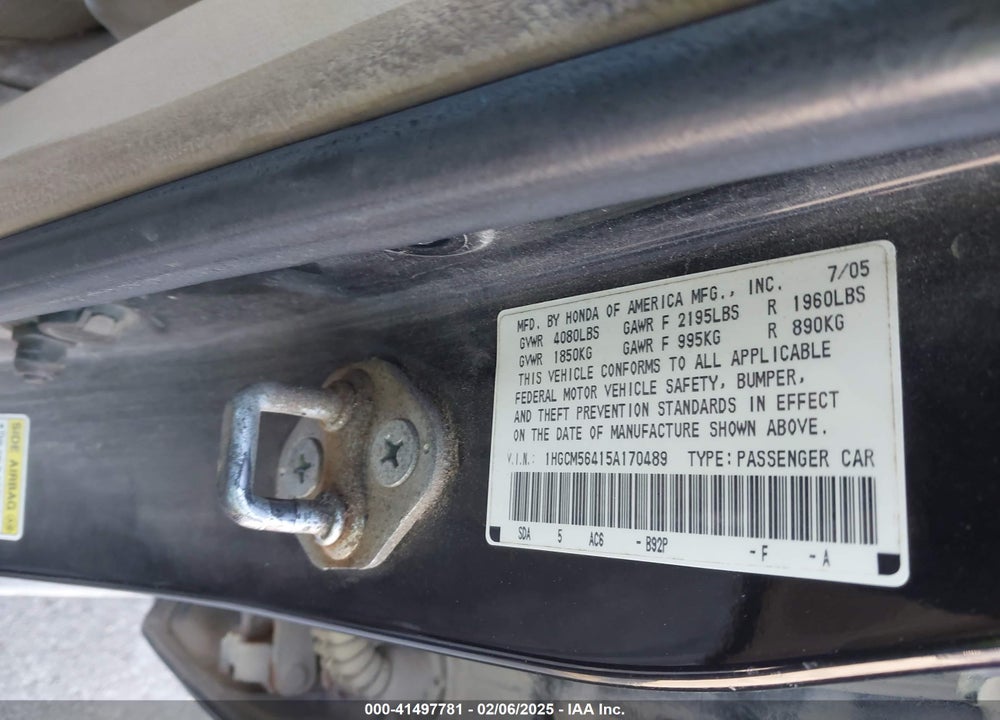 2005 HONDA ACCORD 2.4 LX VIN: 1HGCM56415A170489