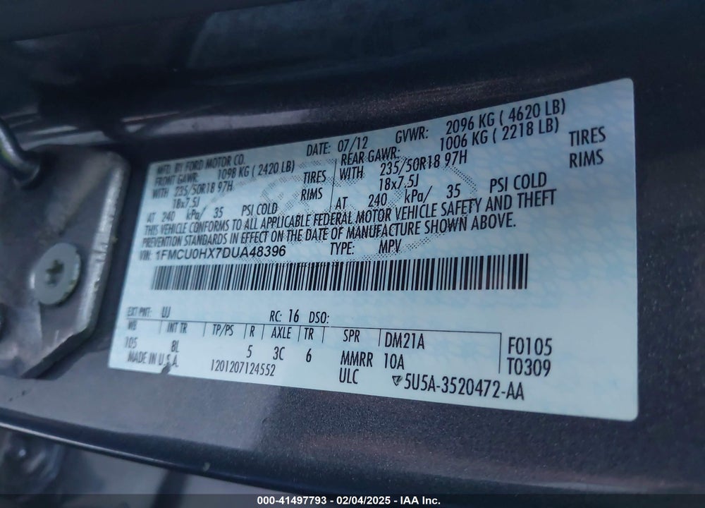 2013 FORD ESCAPE SEL VIN: 1FMCU0HX7DUA48396