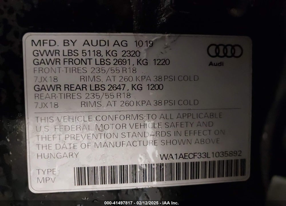 2020 AUDI Q3 VIN: WA1AECF33L1035892