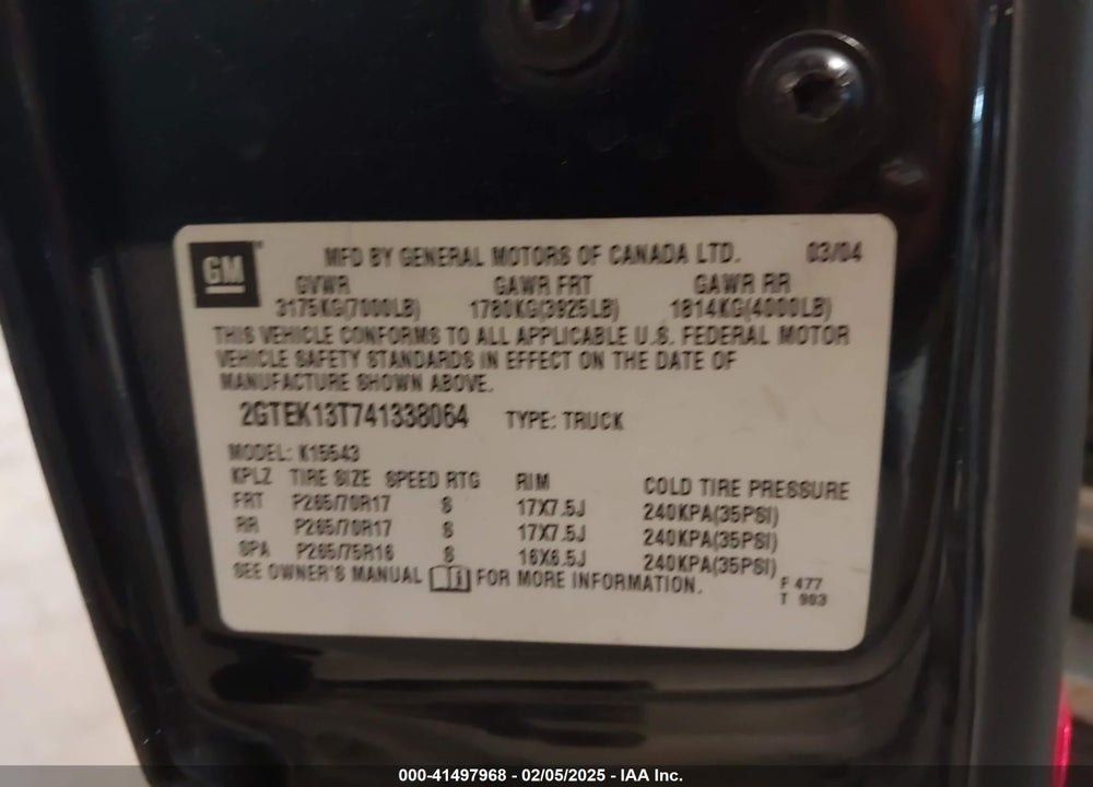 2004 GMC SIERRA 1500 SLE VIN: 2GTEK13T741338064