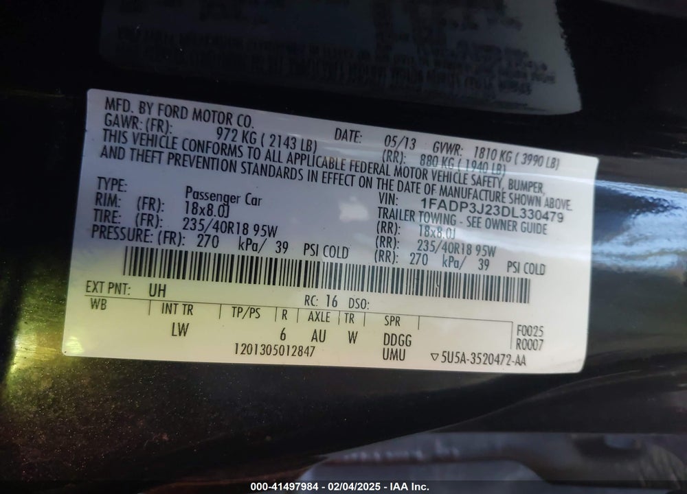 2013 FORD FOCUS VIN: 1FADP3J23DL330479